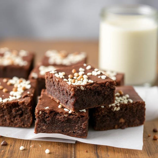 Stack of chocolate brownies with a glass of milk on a wooden surface
