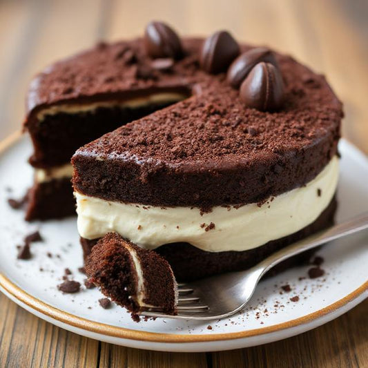 Chocolate cake with a slice taken out on a plate with a fork