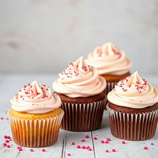 Cupcakes with pink frosting and red sprinkles on a light wooden surface.