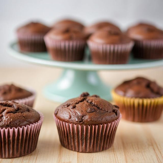 Chocolate cupcakes on a wooden surface with a cake stand in the background