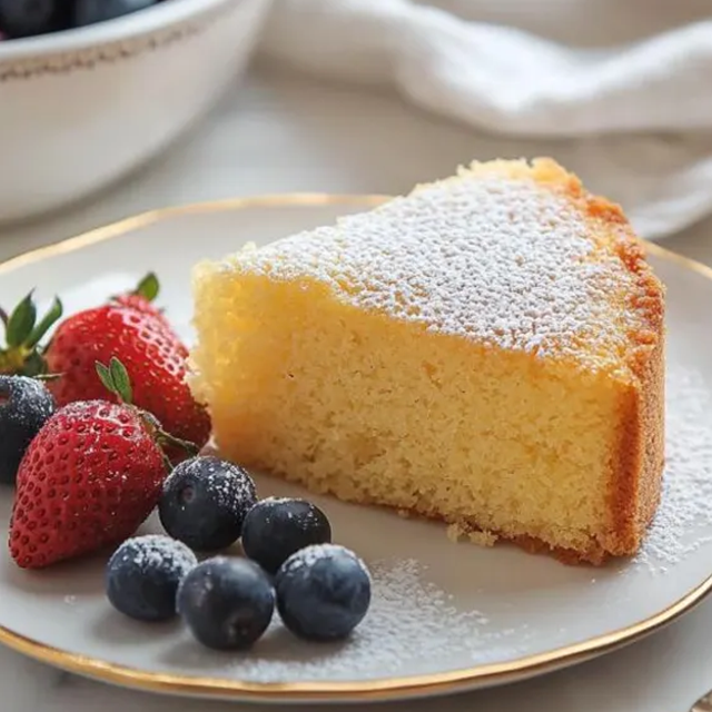 Slice of cake with powdered sugar on a plate with strawberries and blueberries.